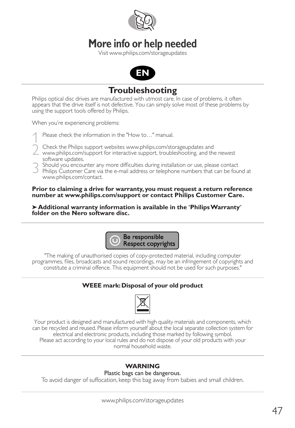 More info or help needed, Troubleshooting | Philips Graveur interne IDE User Manual | Page 46 / 51