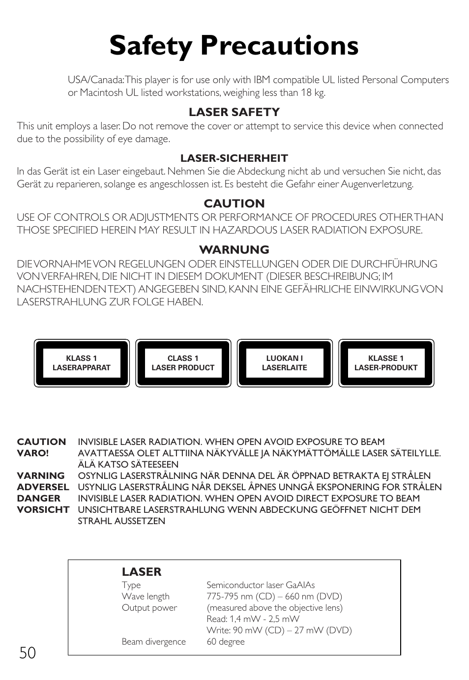 Safety precautions, Laser safety, Caution | Warnung, Laser | Philips Graveur interne IDE User Manual | Page 49 / 51