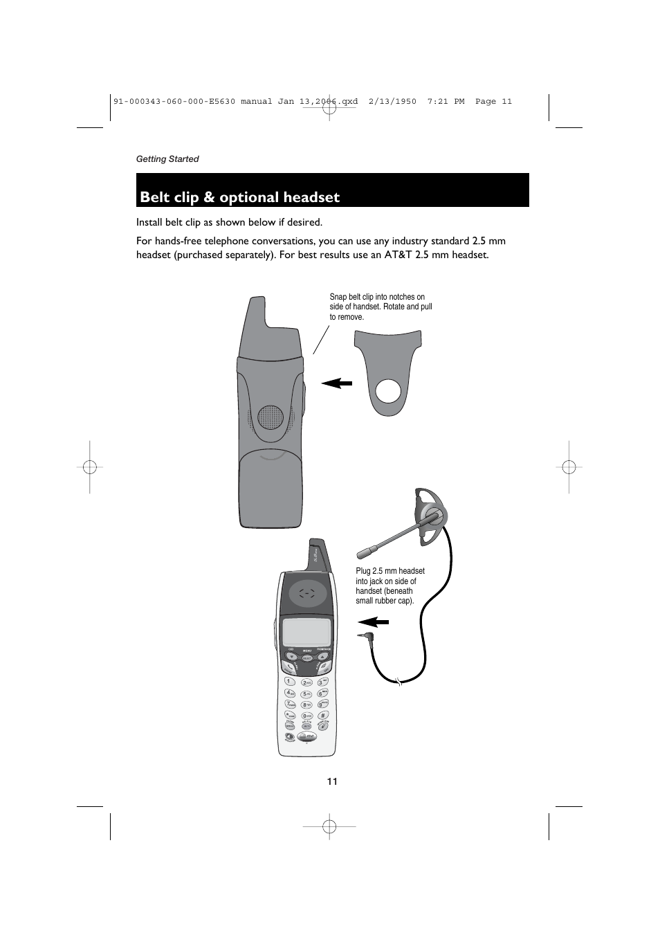 Belt clip & optional headset | AT&T E5633 User Manual | Page 13 / 44