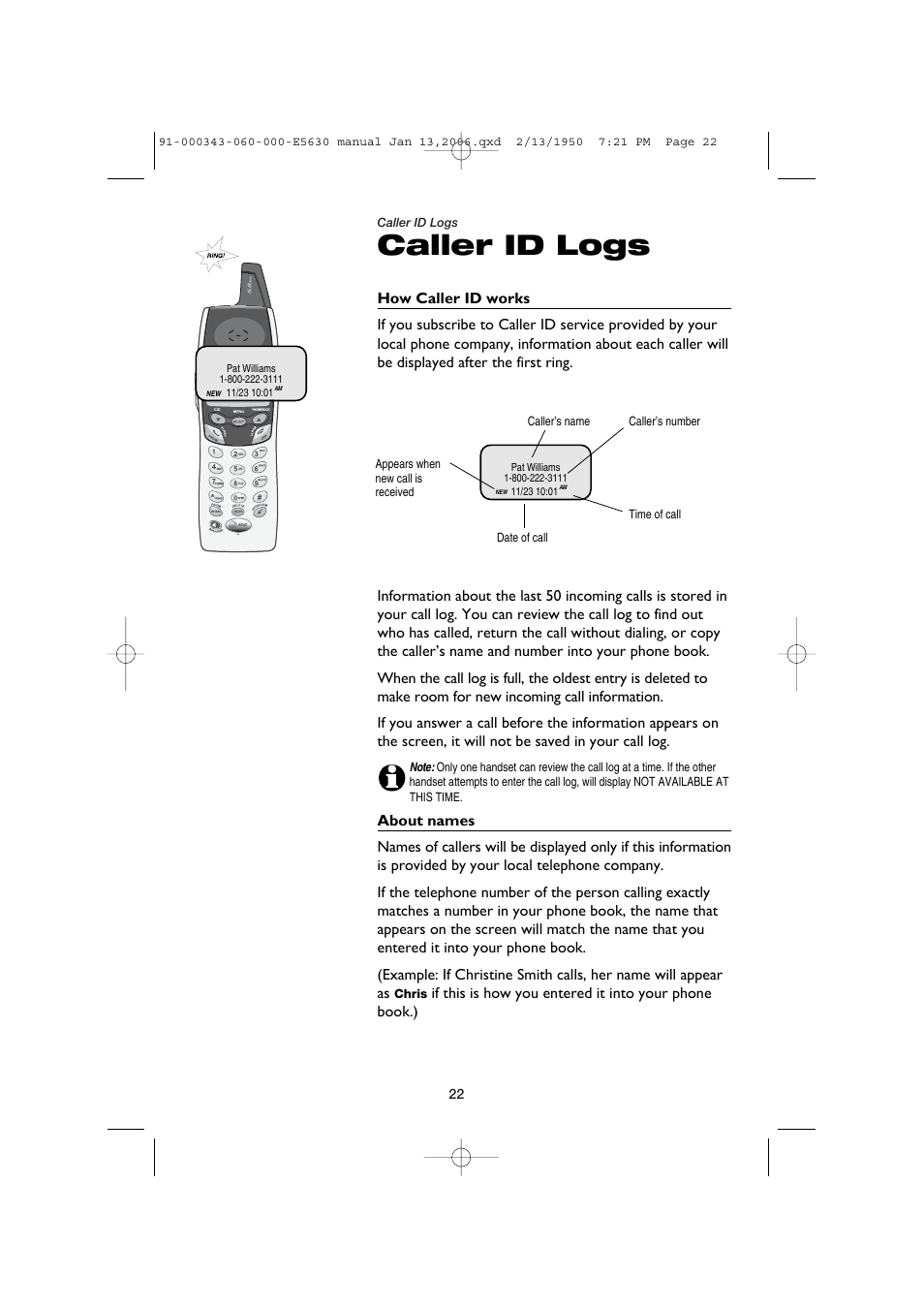 Caller id logs | AT&T E5633 User Manual | Page 24 / 44