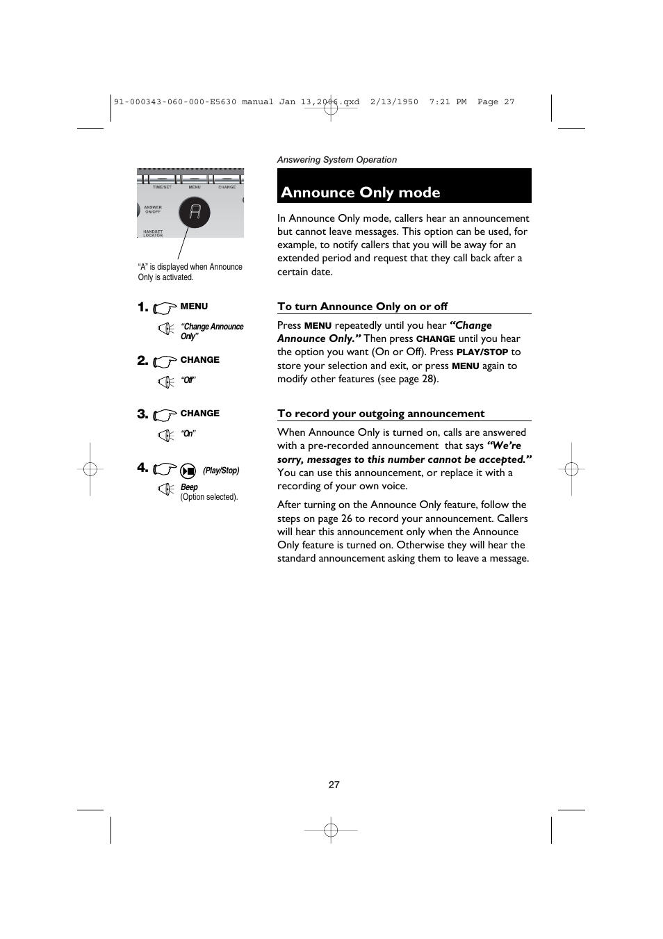 Announce only mode | AT&T E5633 User Manual | Page 29 / 44