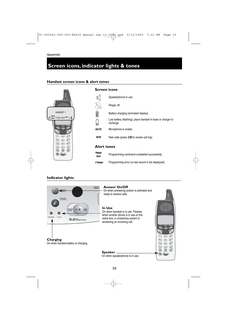 Screen icons, indicator lights & tones, Handset screen icons & alert tones, Indicator lights | Screen icons alert tones | AT&T E5633 User Manual | Page 35 / 44