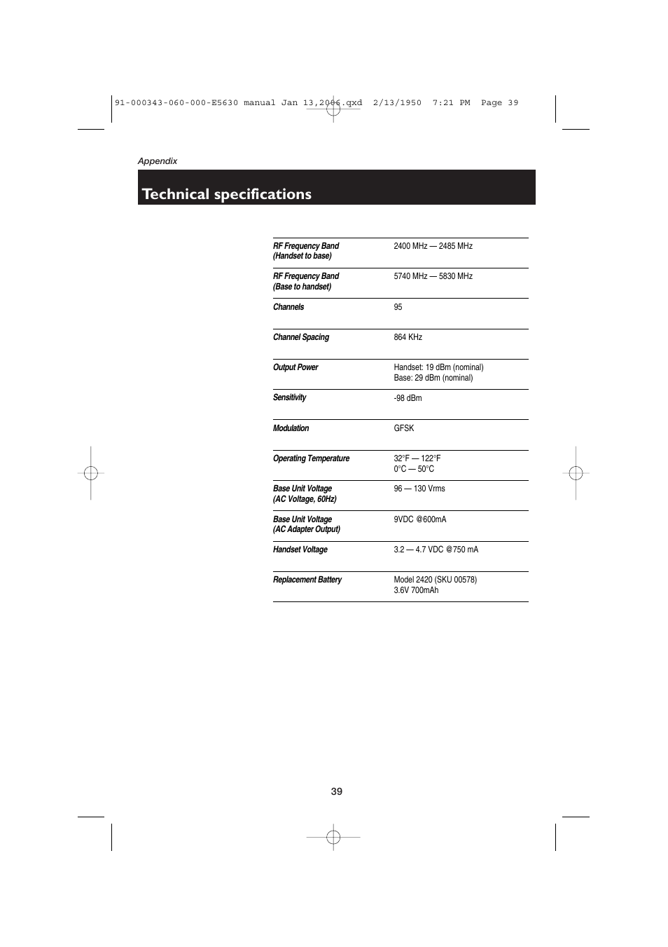 Technical specifications | AT&T E5633 User Manual | Page 41 / 44
