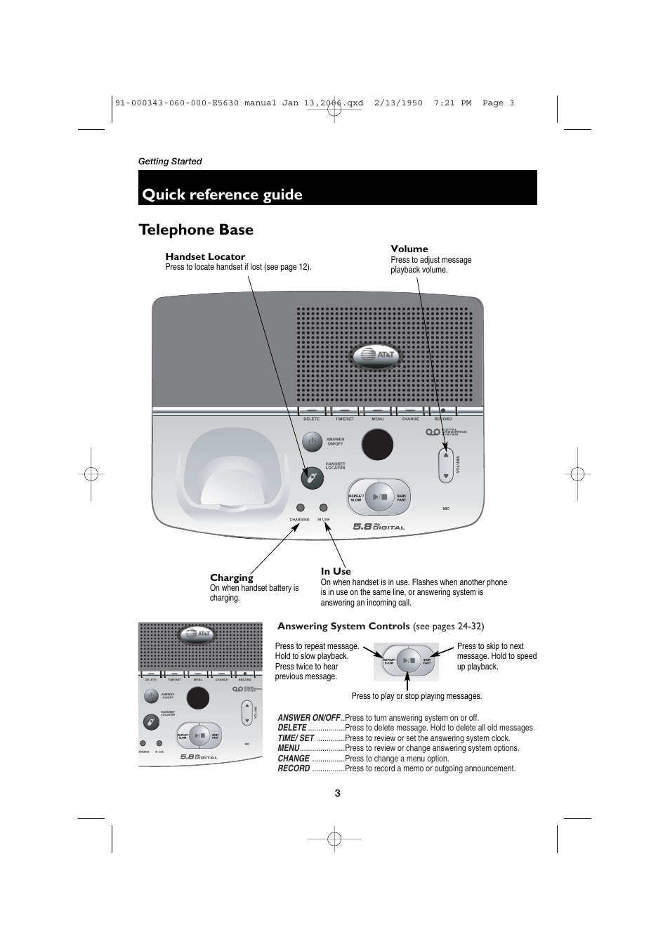Quick reference guide telephone base | AT&T E5633 User Manual | Page 5 / 44