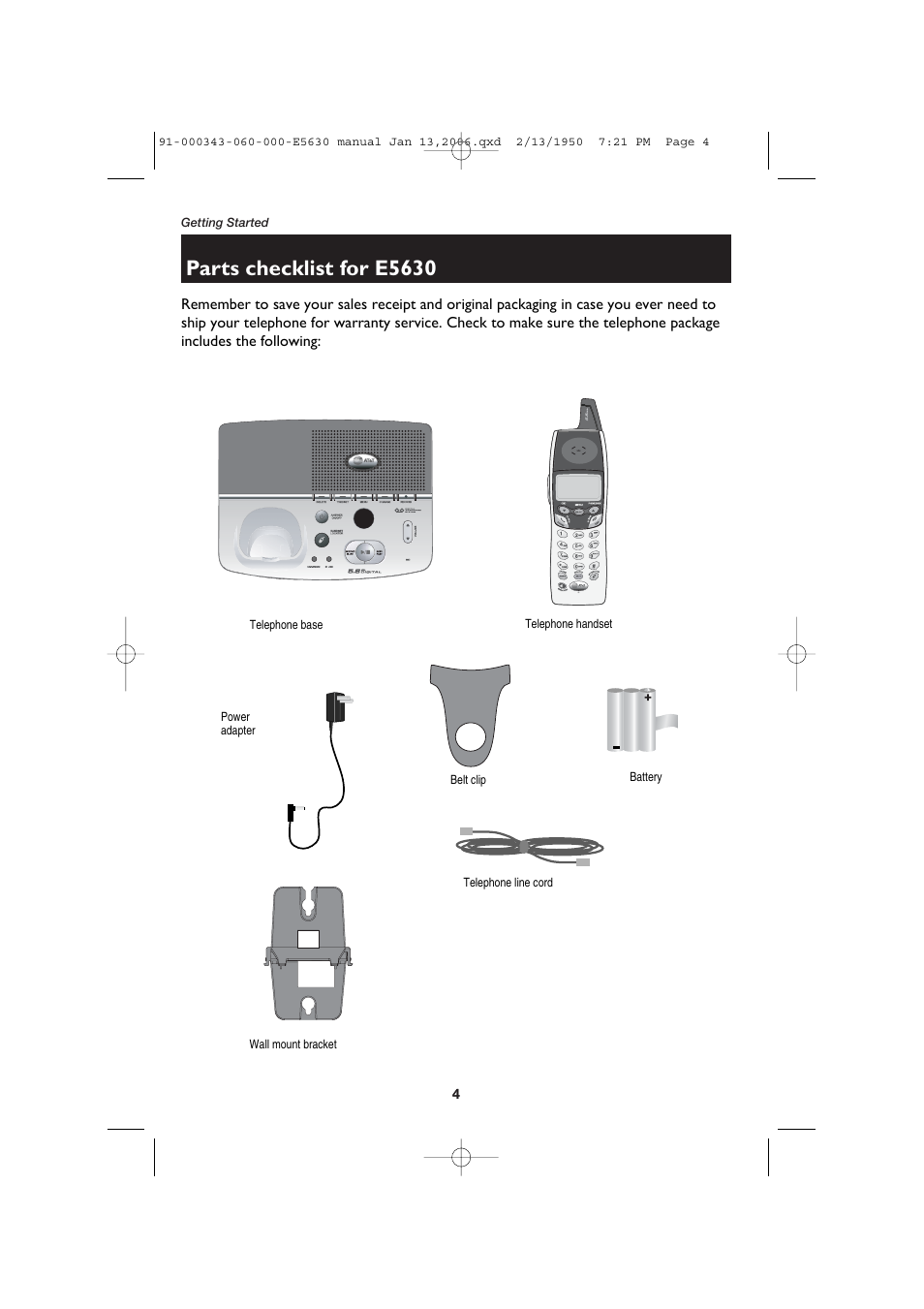 Parts checklist for e5630 | AT&T E5633 User Manual | Page 6 / 44