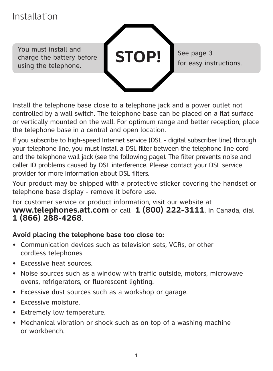 Stop, Installation | AT&T CL81301 User Manual | Page 2 / 9