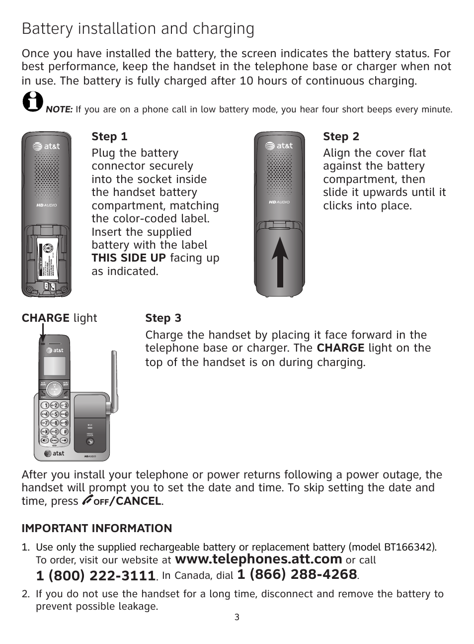Battery installation and charging | AT&T CL81301 User Manual | Page 4 / 9
