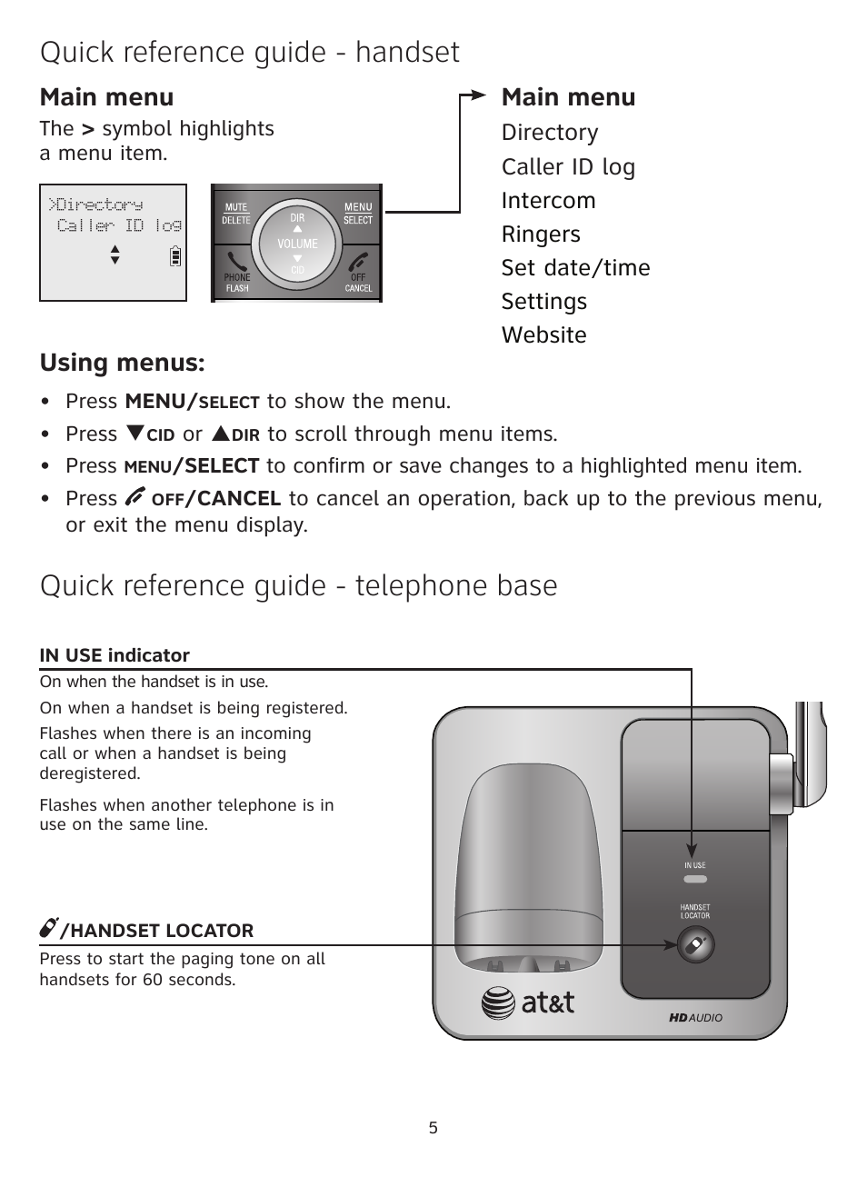 Quick reference guide - handset, Quick reference guide - telephone base, Main menu | Using menus | AT&T CL81301 User Manual | Page 6 / 9
