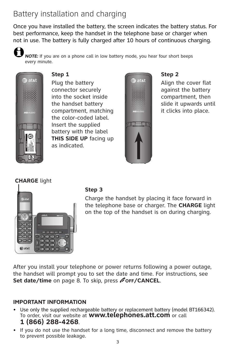 Battery installation and charging | AT&T CL83351 User Manual | Page 4 / 14