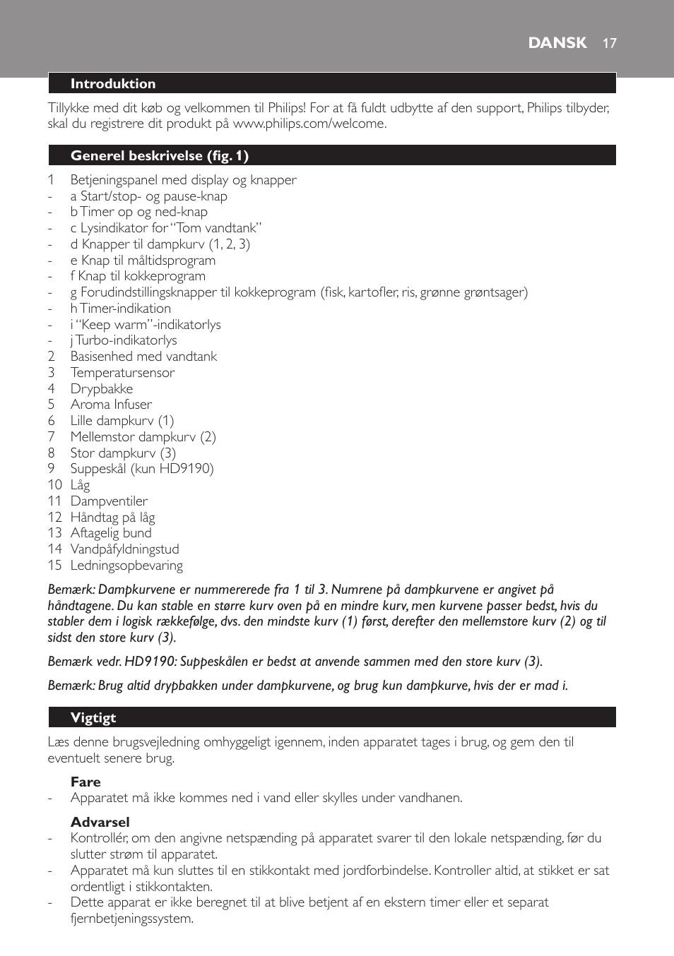 Dansk | Philips Avance Collection Cuiseur Vapeur User Manual | Page 17 / 116