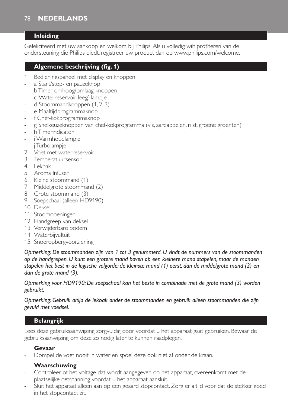 Nederlands, Nederlands 7 | Philips Avance Collection Cuiseur Vapeur User Manual | Page 78 / 116