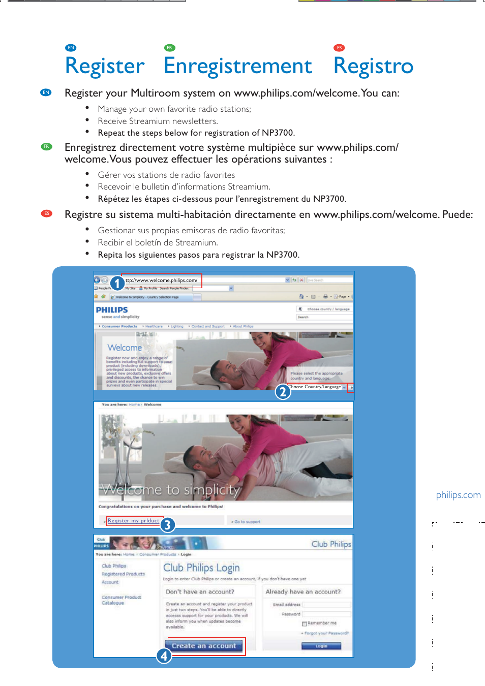 Register enregistrement registro | Philips Streamium Chaîne sans fil pour Android™ User Manual | Page 23 / 28
