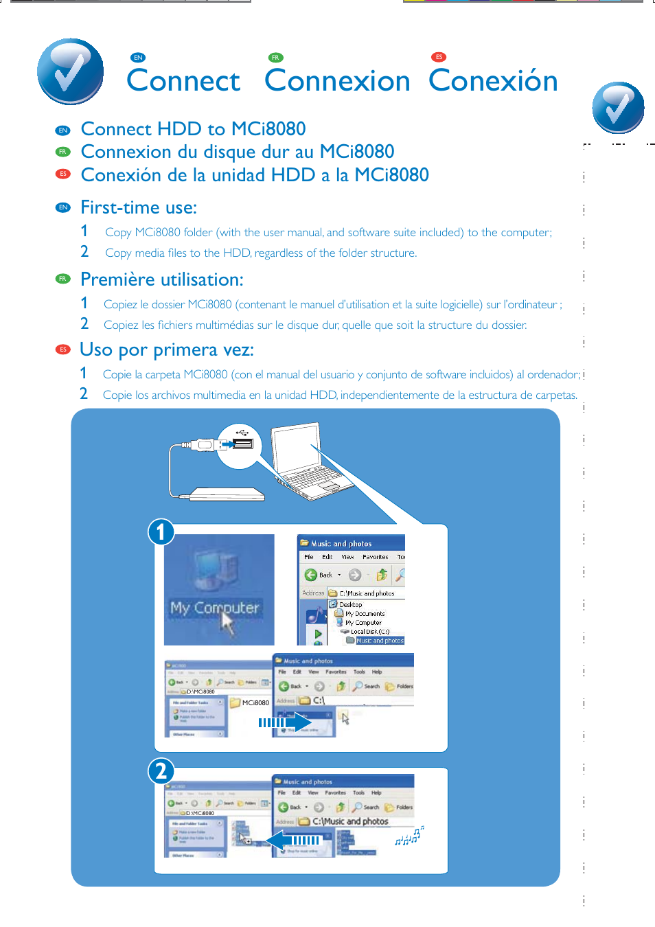 Connect connexion conexión, First-time use, Première utilisation | Uso por primera vez, Connect hdd to mci8080 | Philips Streamium Chaîne sans fil pour Android™ User Manual | Page 5 / 28