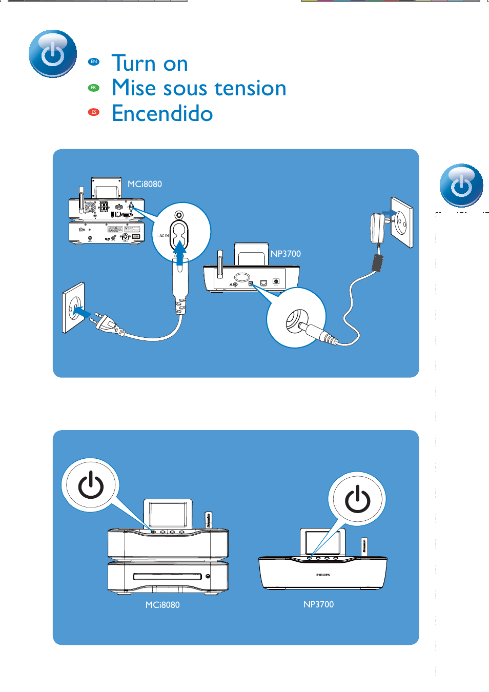 Turn on mise sous tension encendido | Philips Streamium Chaîne sans fil pour Android™ User Manual | Page 9 / 28