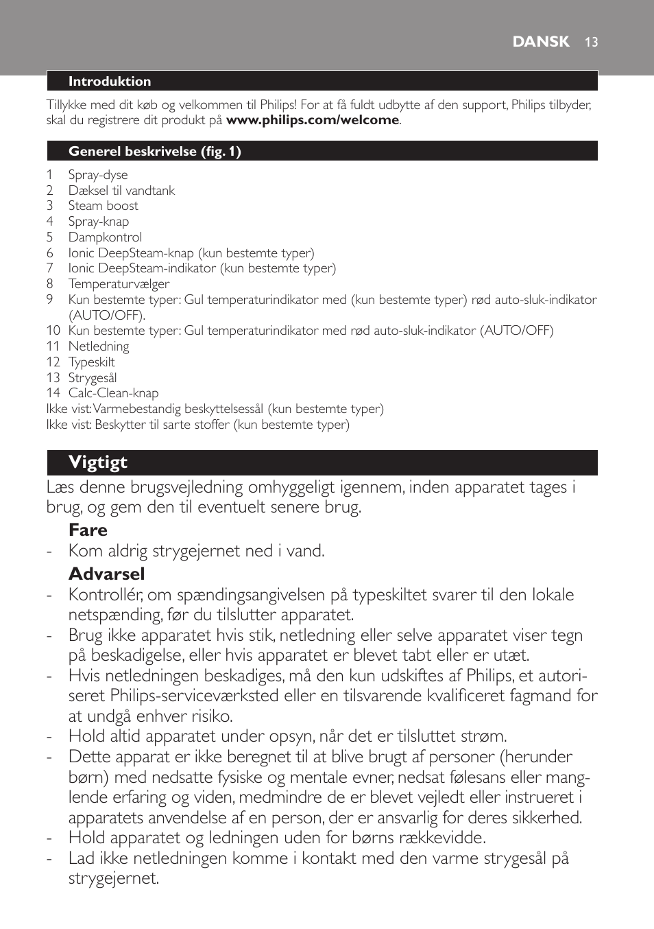 Dansk | Philips Azur Fer vapeur User Manual | Page 13 / 76