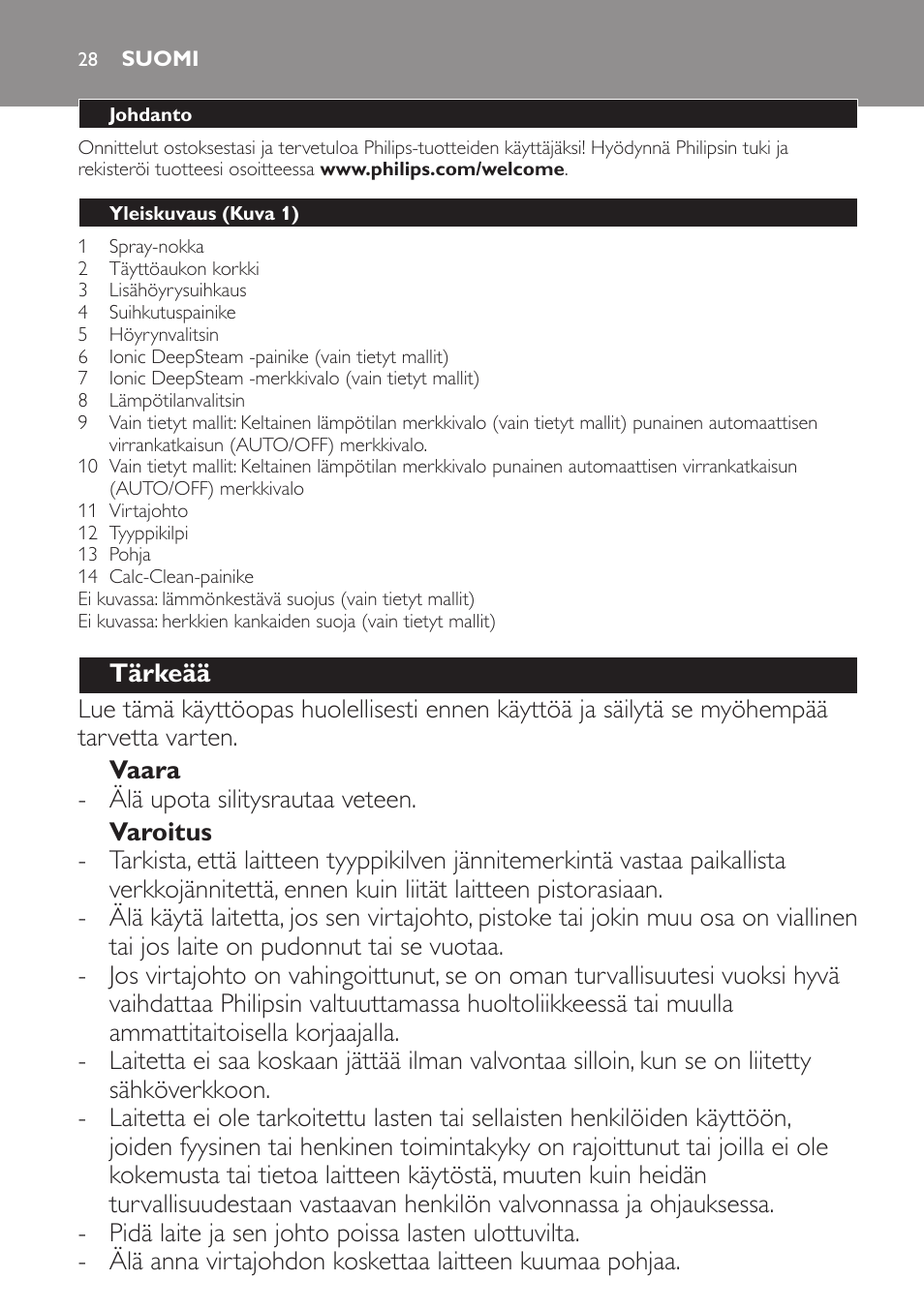 Suomi | Philips Azur Fer vapeur User Manual | Page 28 / 76