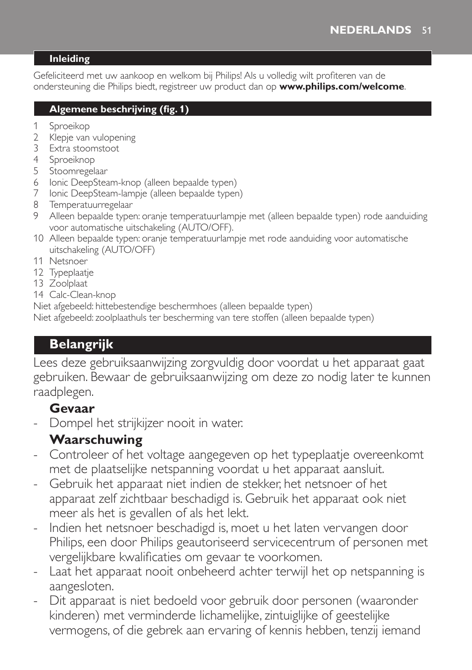 Nederlands, Nederlands 5 | Philips Azur Fer vapeur User Manual | Page 51 / 76