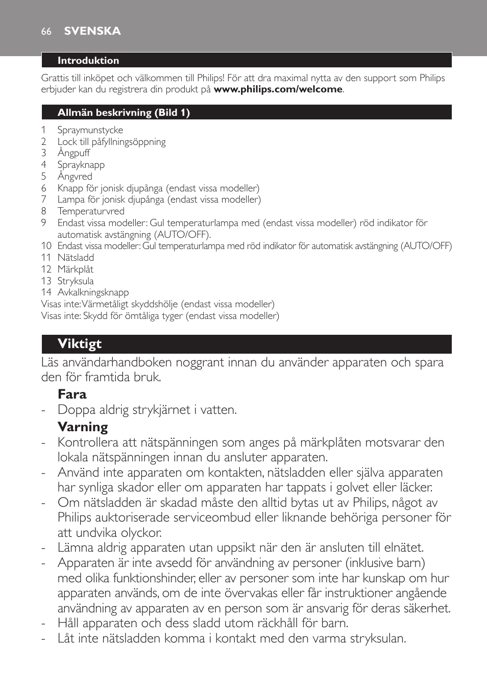 Svenska, Svenska 66 | Philips Azur Fer vapeur User Manual | Page 66 / 76