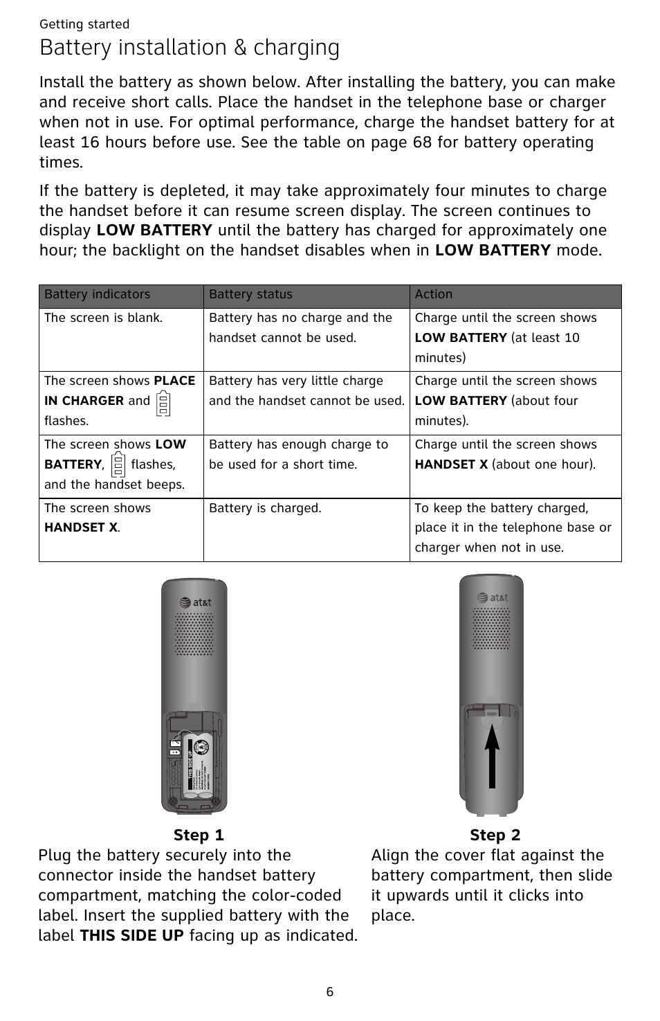 Battery installation & charging | AT&T DECT CL82359 User Manual | Page 11 / 77
