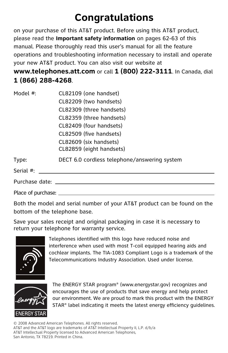 Congratulations | AT&T DECT CL82359 User Manual | Page 2 / 77
