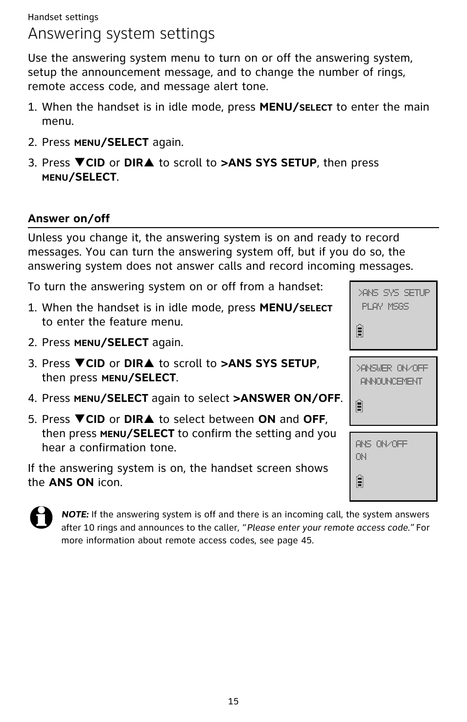 Answering system settings, Answer on/off | AT&T DECT CL82359 User Manual | Page 20 / 77