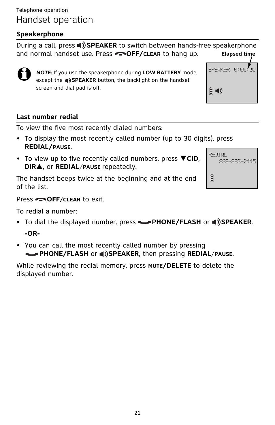 Handset operation, Speakerphone, Last number redial | Speakerphone last number redial | AT&T DECT CL82359 User Manual | Page 26 / 77