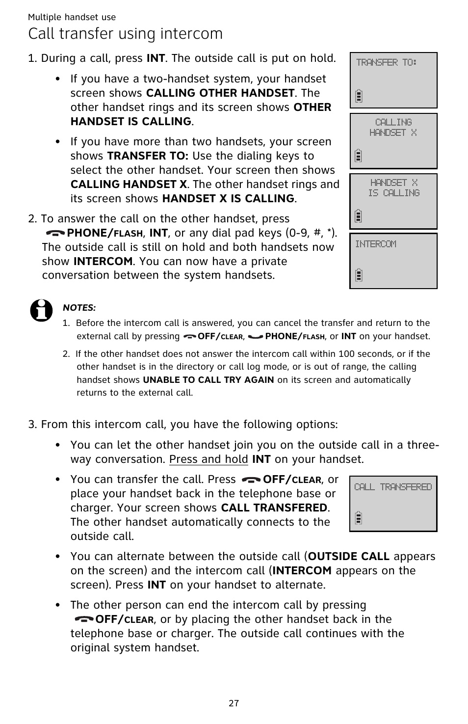 Call transfer using intercom | AT&T DECT CL82359 User Manual | Page 32 / 77