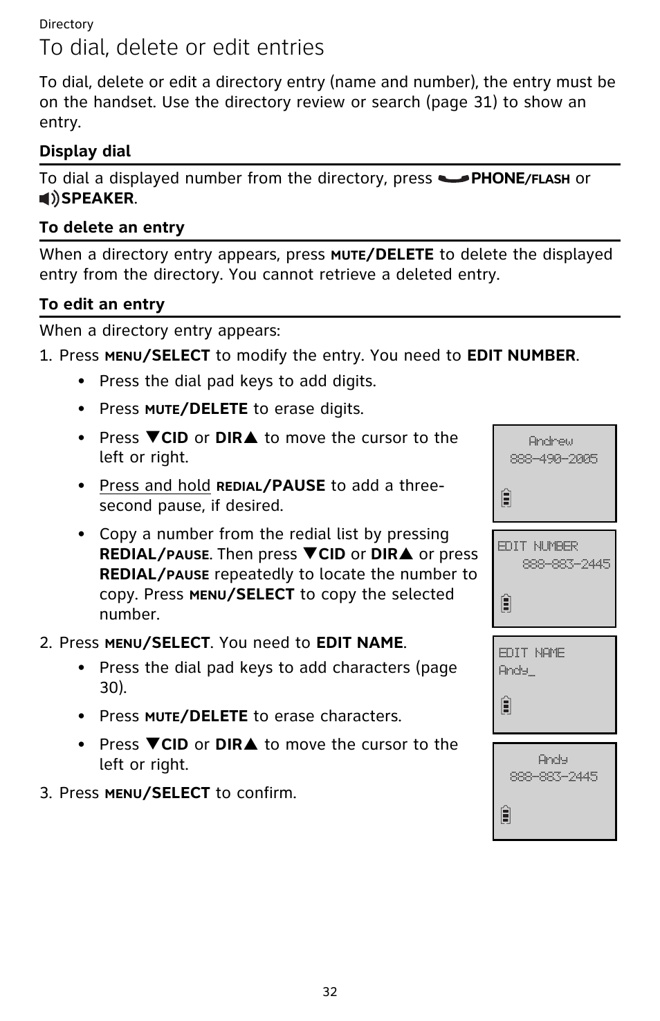 To dial, delete or edit entries, Display dial, To delete an entry | To edit an entry, Display dial to delete an entry to edit an entry | AT&T DECT CL82359 User Manual | Page 37 / 77