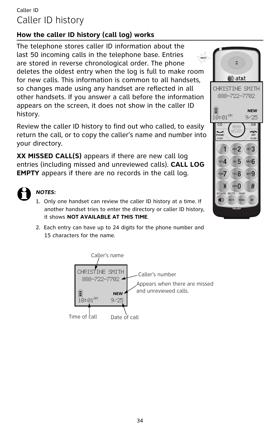 Caller id history, How the caller id history (call log) works | AT&T DECT CL82359 User Manual | Page 39 / 77