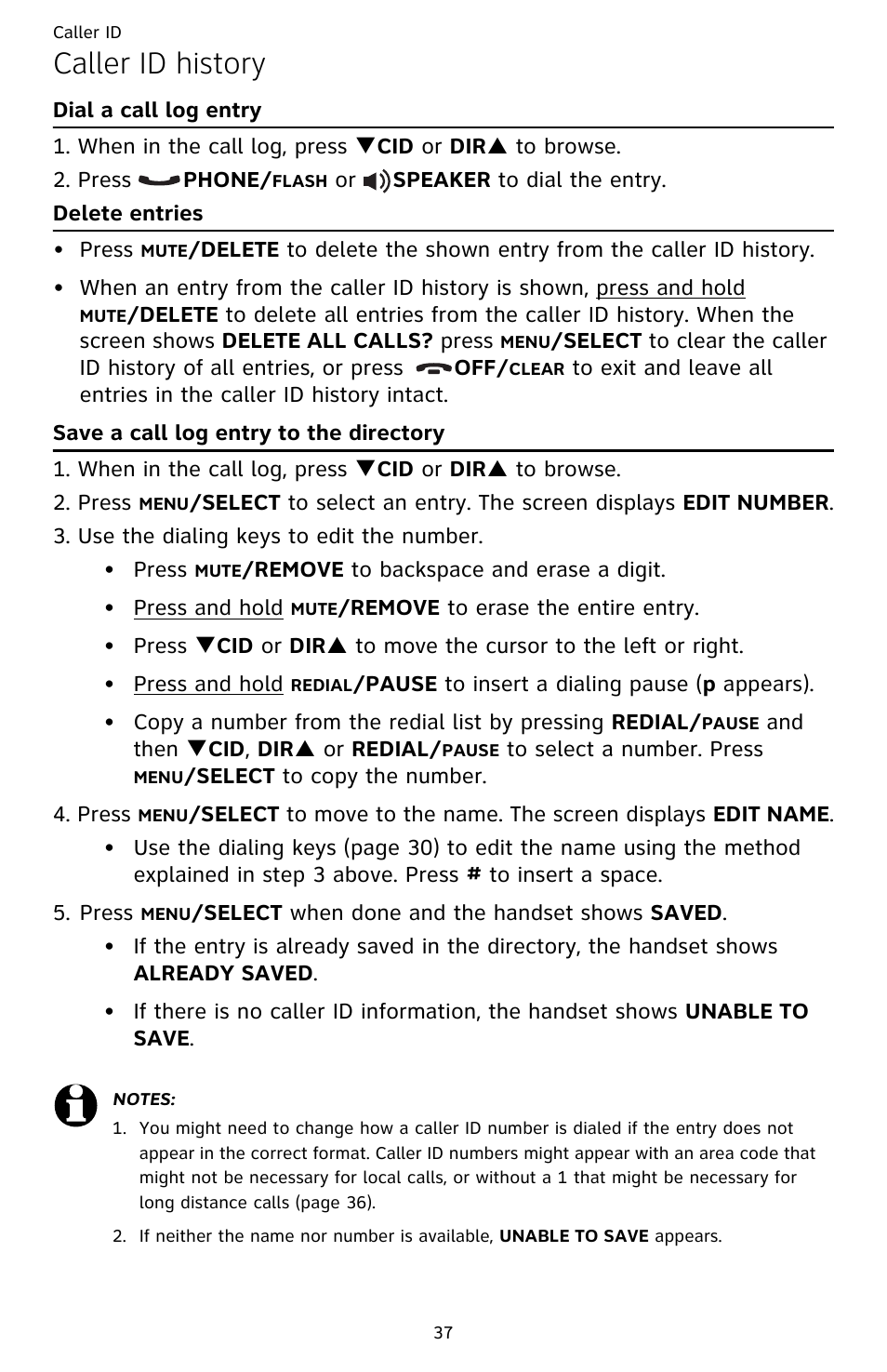 Dial a call log entry, Delete entries, Save a call log entry to the directory | Caller id history | AT&T DECT CL82359 User Manual | Page 42 / 77