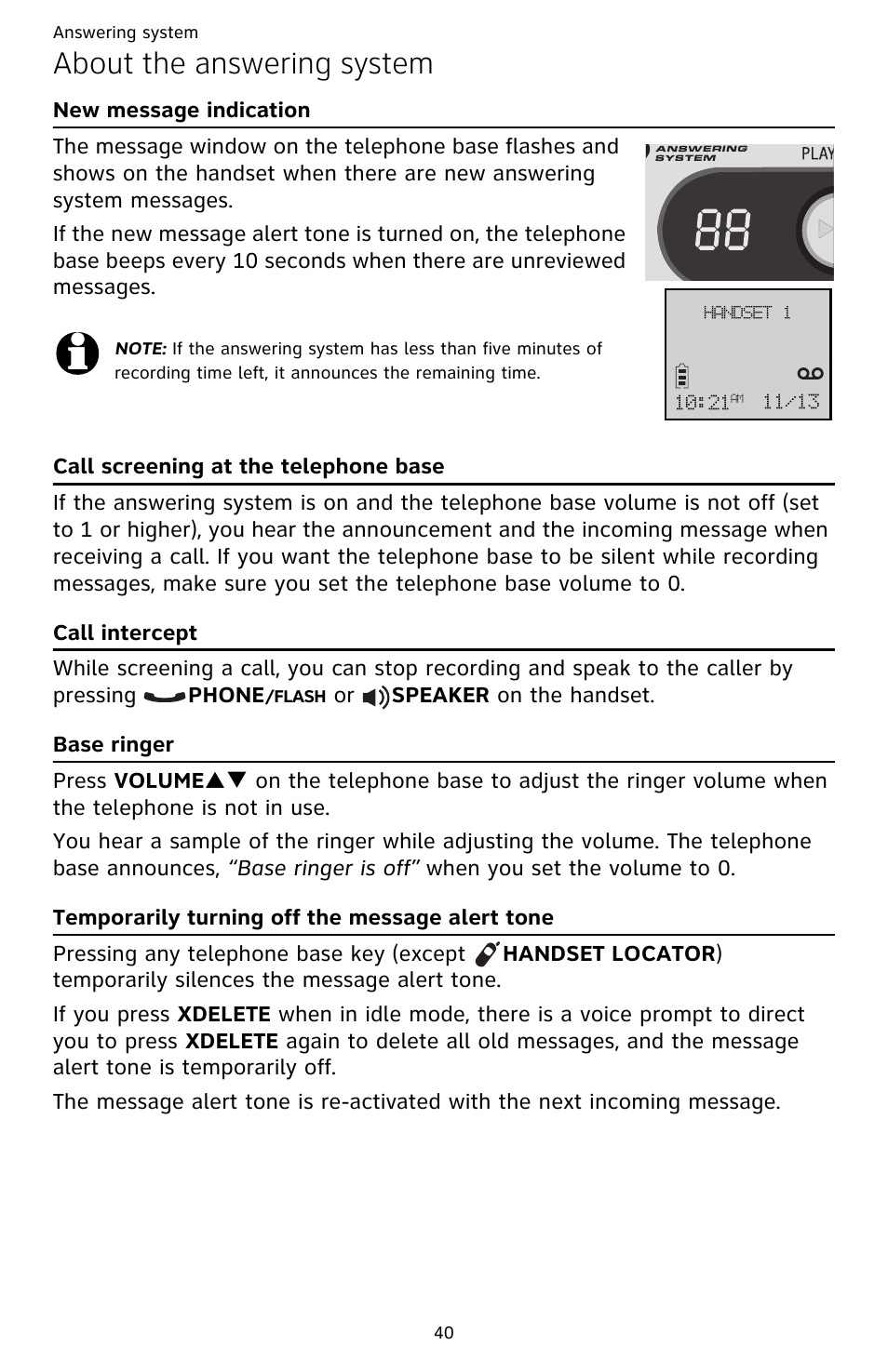 New message indication, Call screening at the telephone base, Call intercept | Base ringer, Temporarily turning off the message alert tone, About the answering system | AT&T DECT CL82359 User Manual | Page 45 / 77