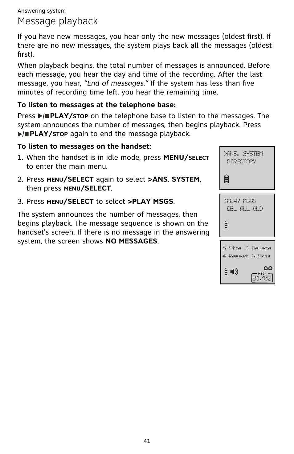 Message playback, To listen to messages at the telephone base, To listen to messages on the handset | AT&T DECT CL82359 User Manual | Page 46 / 77