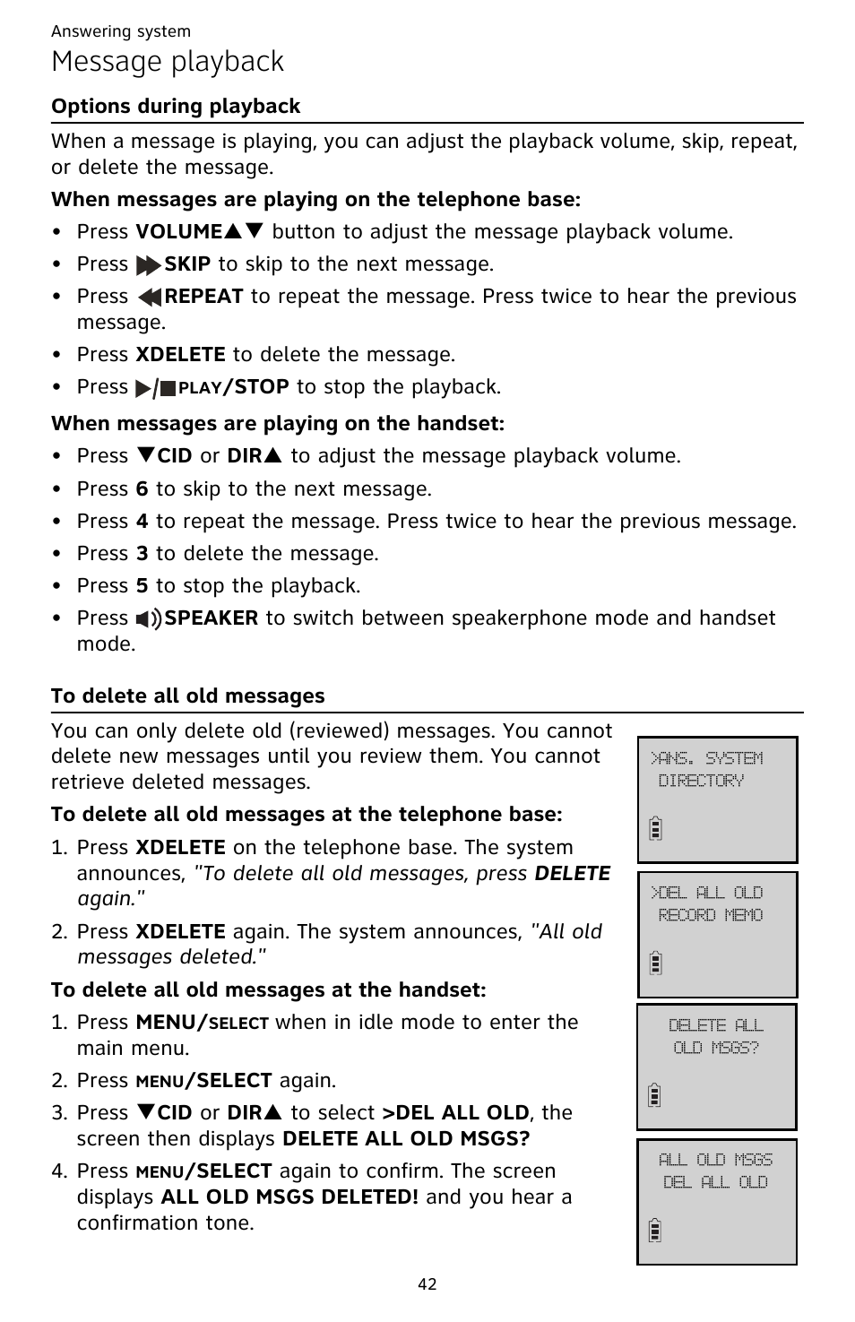 Options during playback, When messages are playing on the telephone base, When messages are playing on the handset | To delete all old messages, To delete all old messages at the telephone base, To delete all old messages at the handset, Options during playback to delete all old messages, Message playback | AT&T DECT CL82359 User Manual | Page 47 / 77