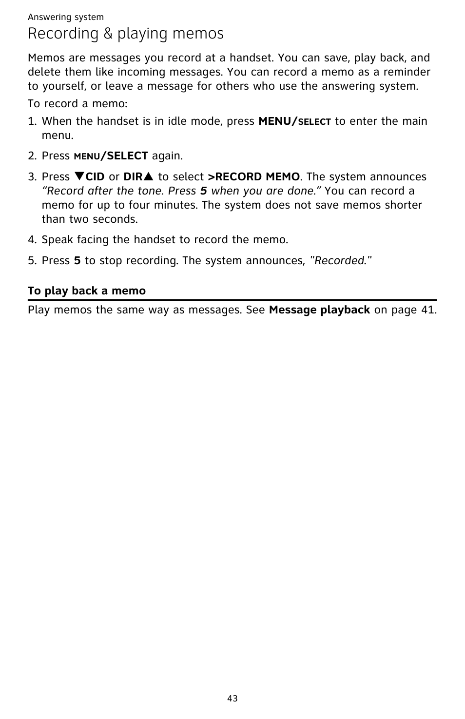 Recording & playing memos, To play back a memo | AT&T DECT CL82359 User Manual | Page 48 / 77