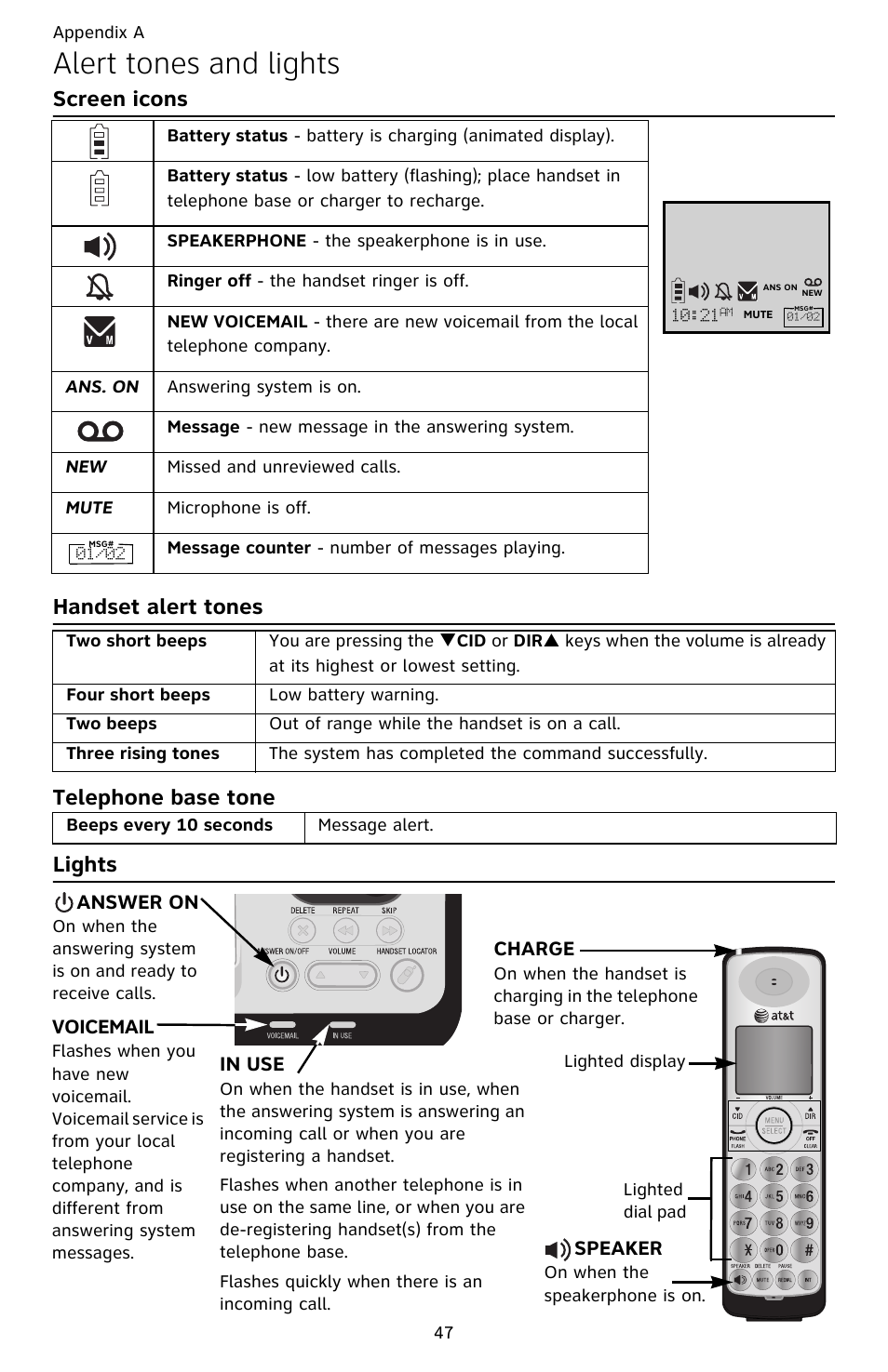 Alert tones and lights, Handset alert tones, Telephone base tone | Lights, Telephone base tone lights | AT&T DECT CL82359 User Manual | Page 52 / 77