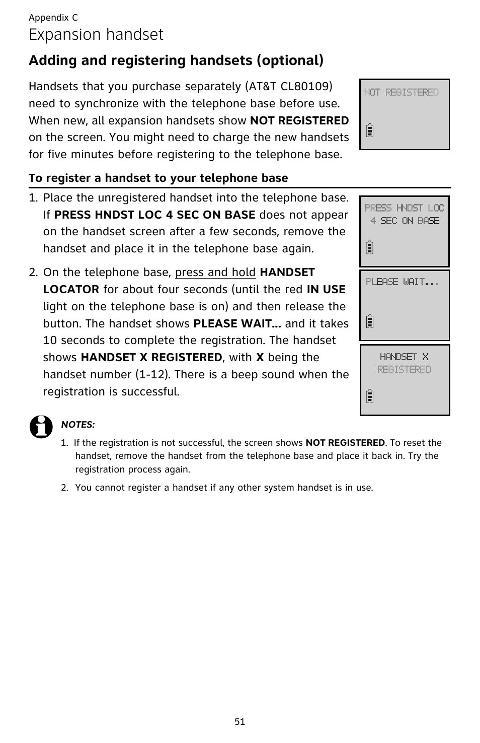 Adding and registering handsets, To register a handset to your telephone base, Expansion handset | Adding and registering handsets (optional) | AT&T DECT CL82359 User Manual | Page 56 / 77