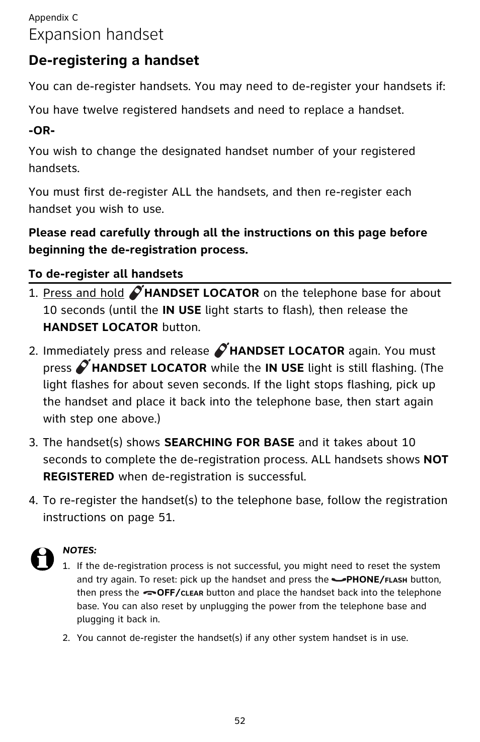 De-registering a handset, To de-register all handsets, Expansion handset | AT&T DECT CL82359 User Manual | Page 57 / 77