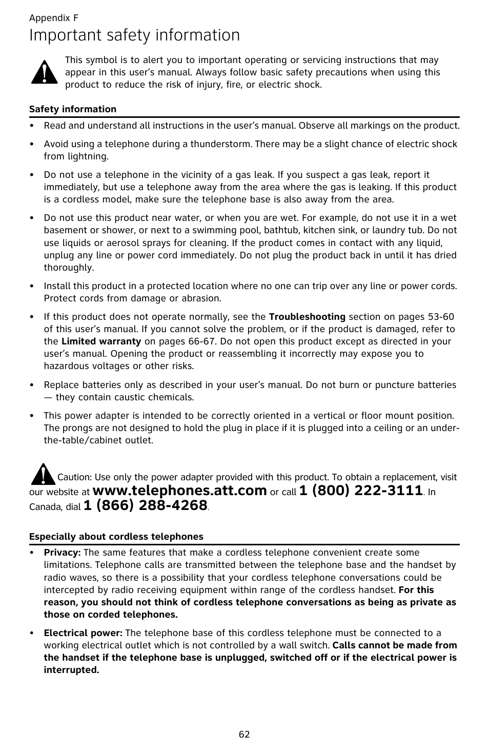 Important safety information | AT&T DECT CL82359 User Manual | Page 67 / 77