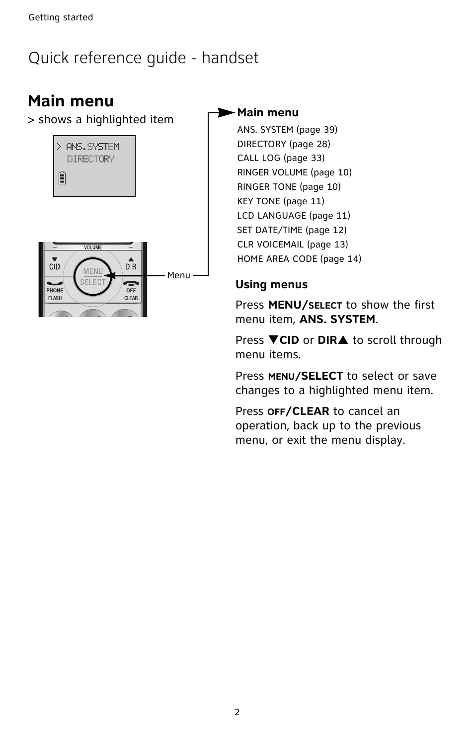 Main menu, Quick reference guide - handset main menu | AT&T DECT CL82359 User Manual | Page 7 / 77