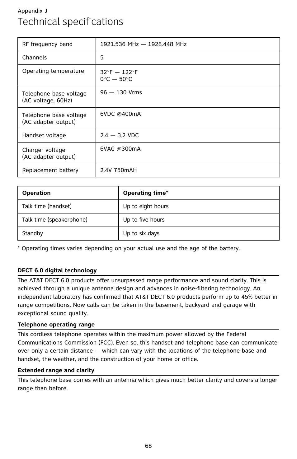 Technical specifications | AT&T DECT CL82359 User Manual | Page 73 / 77
