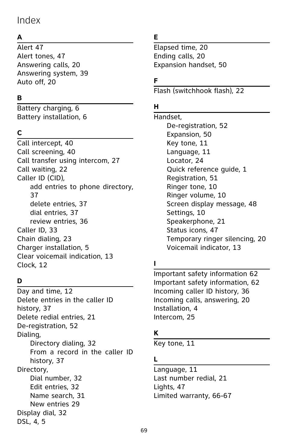 Index | AT&T DECT CL82359 User Manual | Page 74 / 77