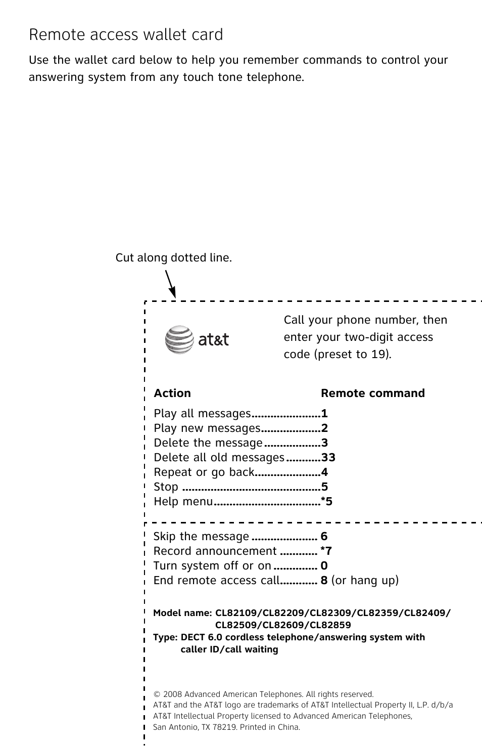 Remote access wallet card | AT&T DECT CL82359 User Manual | Page 76 / 77