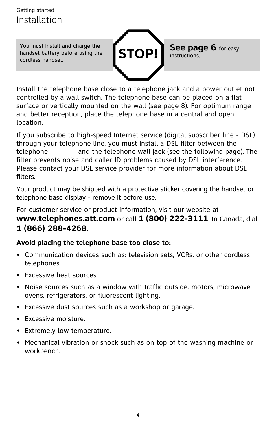 Installation, Stop, See page 6 | AT&T DECT CL82359 User Manual | Page 9 / 77