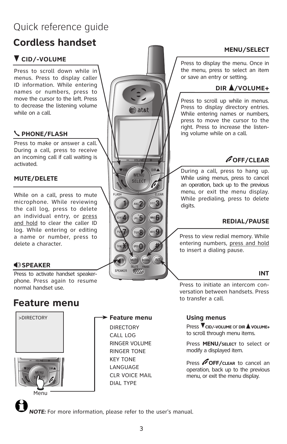 Quick reference guide, Feature menu, Cordless handset | AT&T E2812B User Manual | Page 4 / 6
