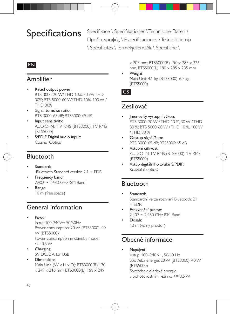 Specifications, Amplifier, Bluetooth | General information, Zesilovač, Obecné informace | Philips enceintes sans fil stéréo User Manual | Page 40 / 52
