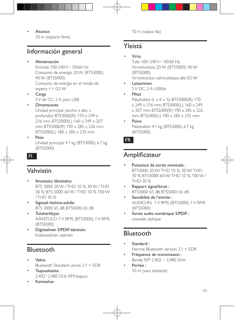 Información general, Vahvistin, Bluetooth | Yleistä, Amplificateur | Philips enceintes sans fil stéréo User Manual | Page 43 / 52