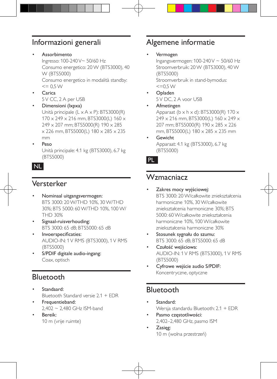 Informazioni generali, Versterker, Bluetooth | Algemene informatie, Wzmacniacz | Philips enceintes sans fil stéréo User Manual | Page 45 / 52
