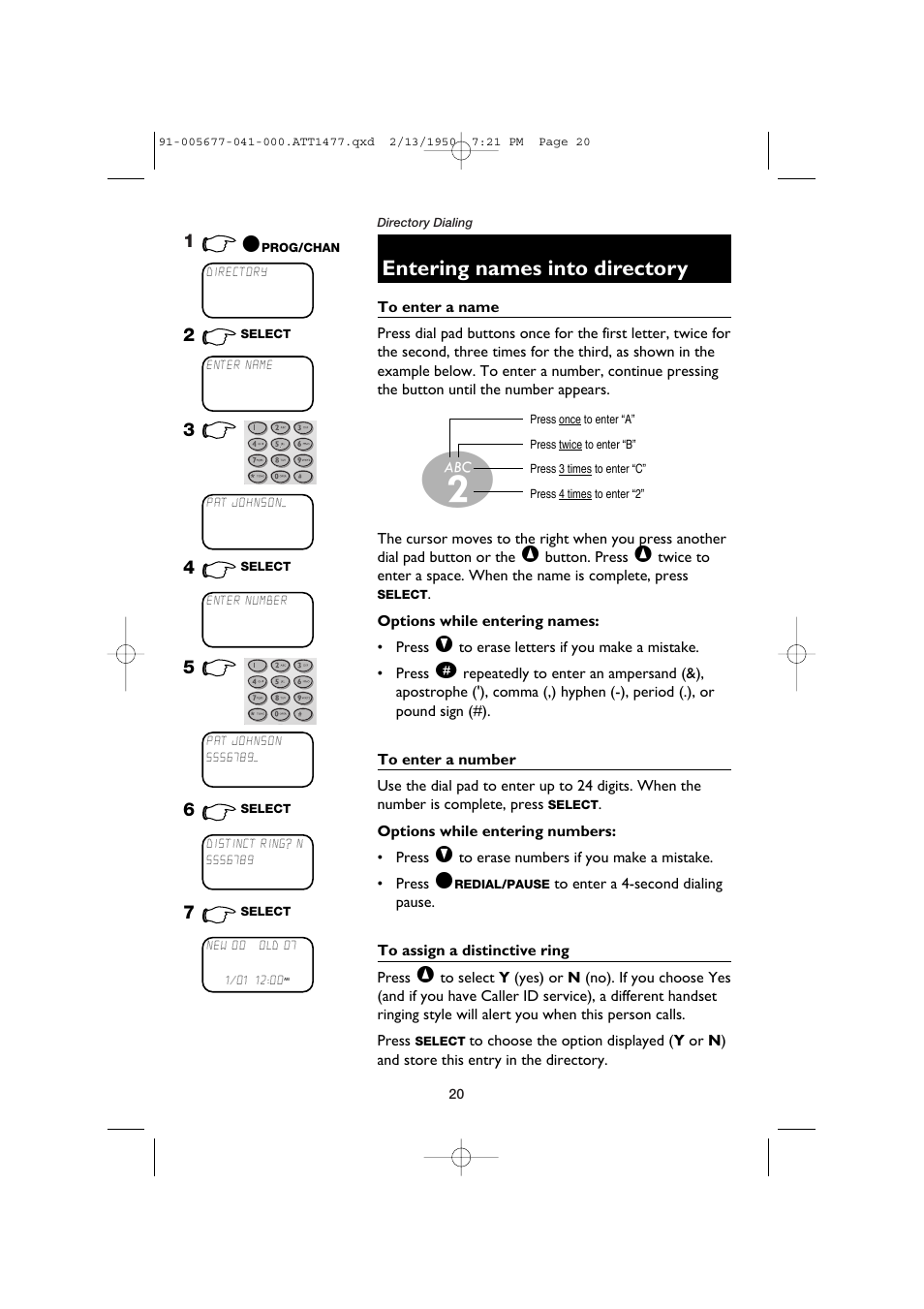 Entering names into directory | AT&T 1177 User Manual | Page 22 / 47