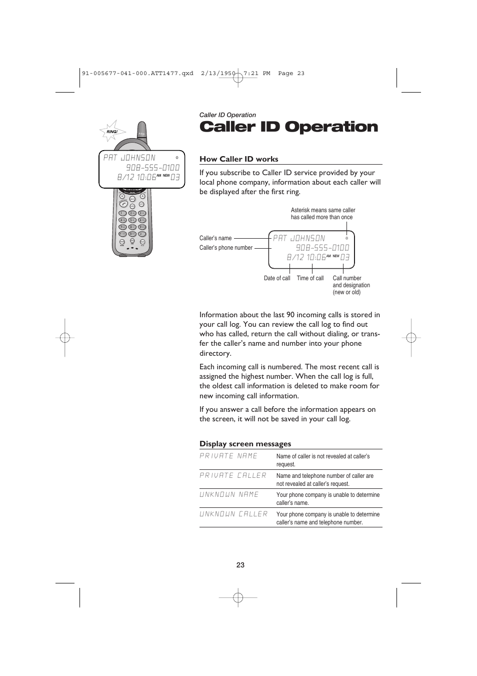 Caller id operation | AT&T 1177 User Manual | Page 25 / 47