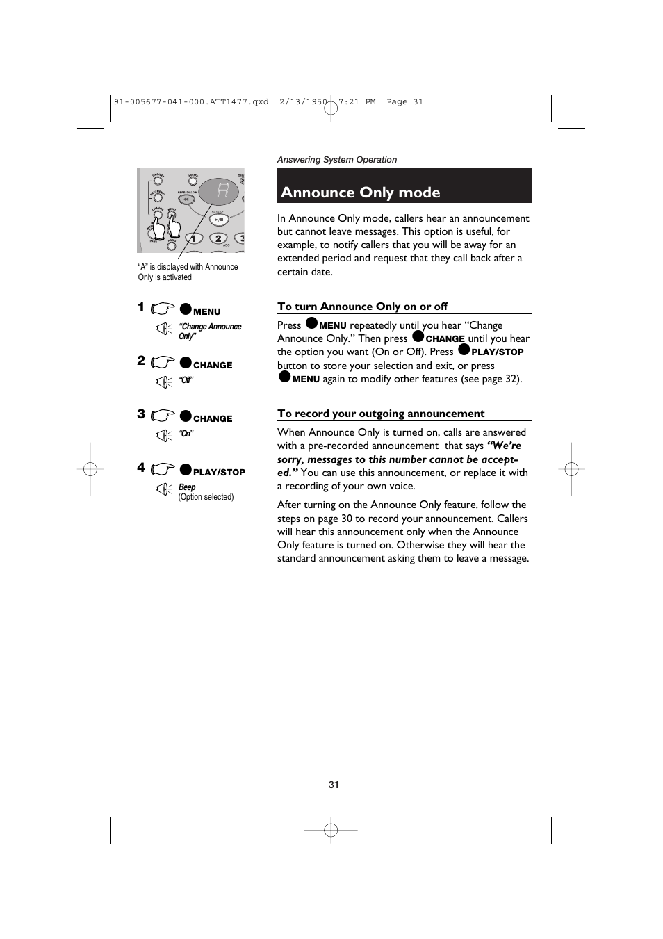 Announce only mode | AT&T 1177 User Manual | Page 33 / 47